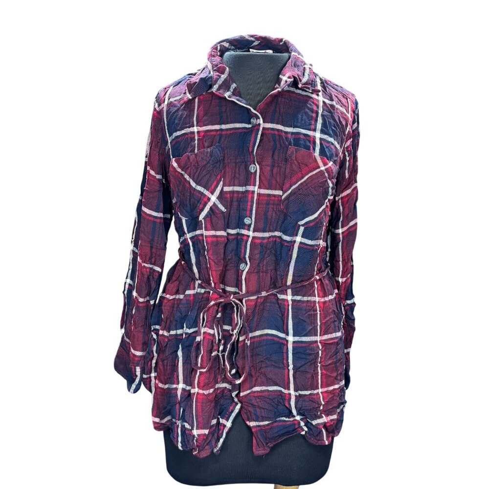 Isabel Maternity Plaid Button-Down Tunic Shirt W/ Waist Tie Red & Navy Rayon M